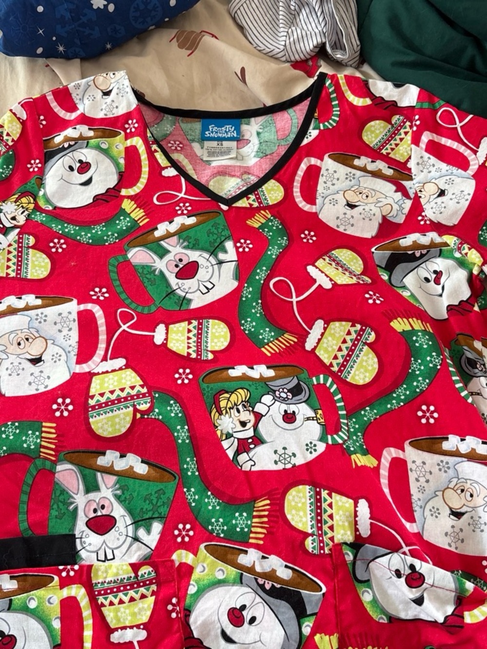 Frosty Snowman Women’s Red Holiday scrub Top with Festive Mug Print